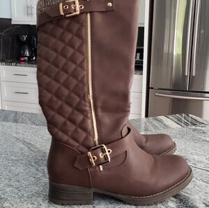 Brown Quilted Knee-High Boots with Gold Accents